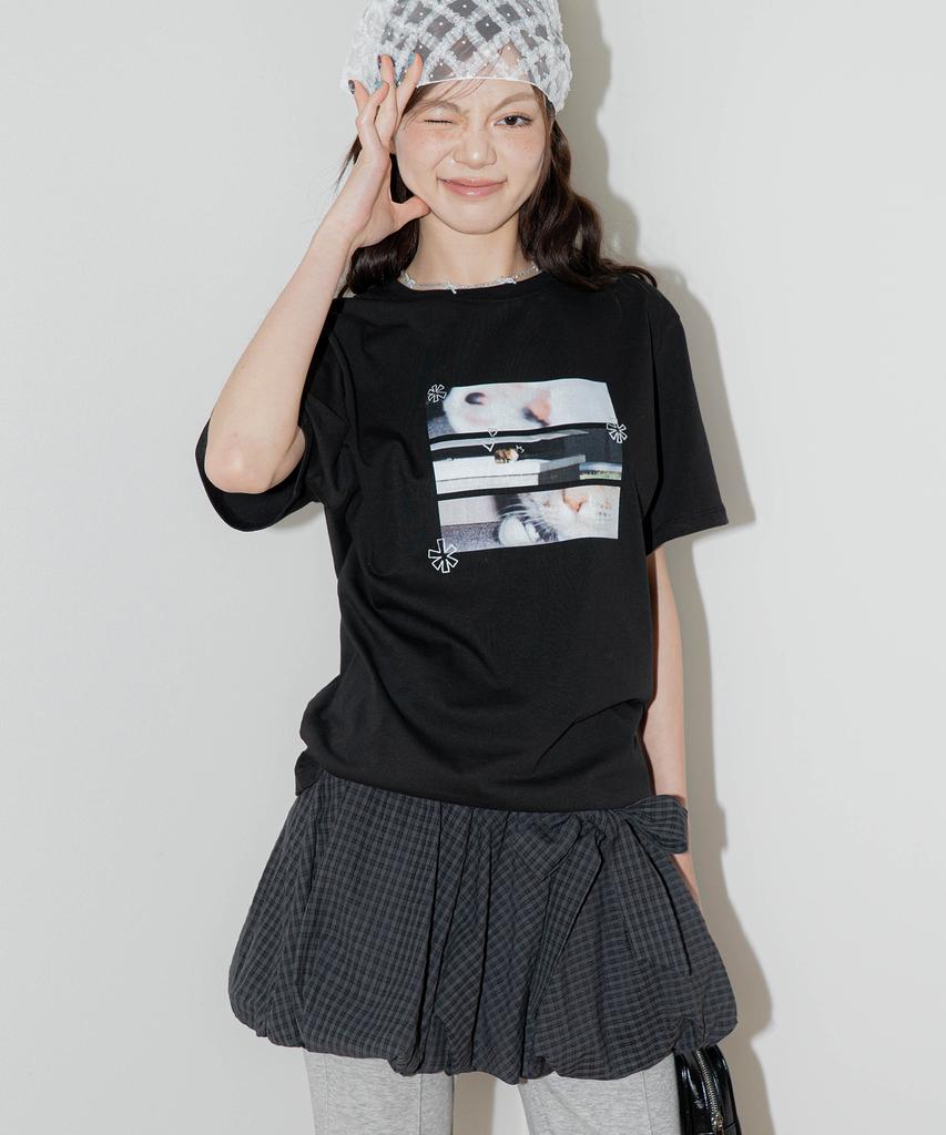 Dilleiopeu Ribbon Point Check Elastic Waist Balloon Mini Skirt [Black]