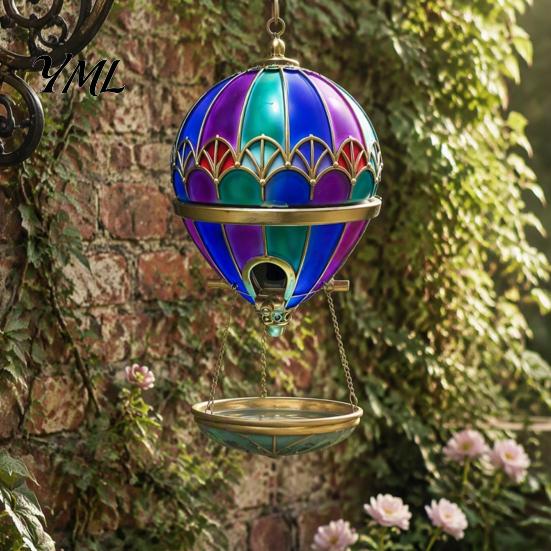 Bird Bath Feeder Hot Air Balloon Feeder, Retro Stained Glass Art with Water Patio Tray, Hanging for Outdoor Garden Backyard Feeding Station