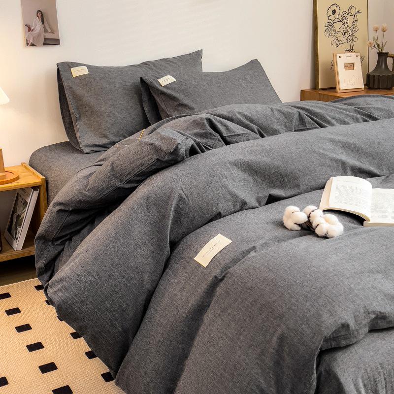 Muji-Inspired Plaid Water-Washed Cotton Duvet Cover Set - Minimalist Brushed Four-Piece Bedding Set