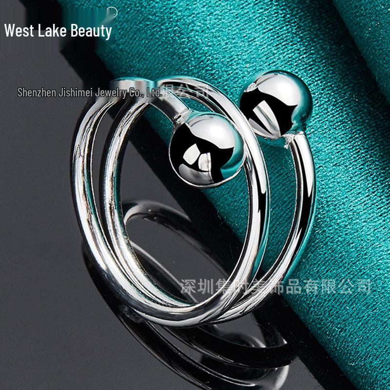 West Lake Beauty Sterling Silver Small Round Bead Open Ring - Classic Ladies' Fashion Jewelry