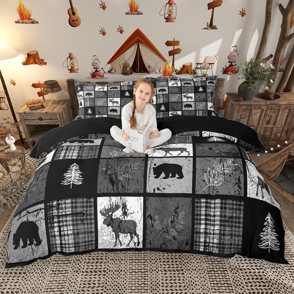 Homewish Deer Bear Plaid Duvet Cover Set 2Pcs/3Pcs Rustic Farmhouse Lodge Cabin Bedding Set Hunting Moose Bed Set