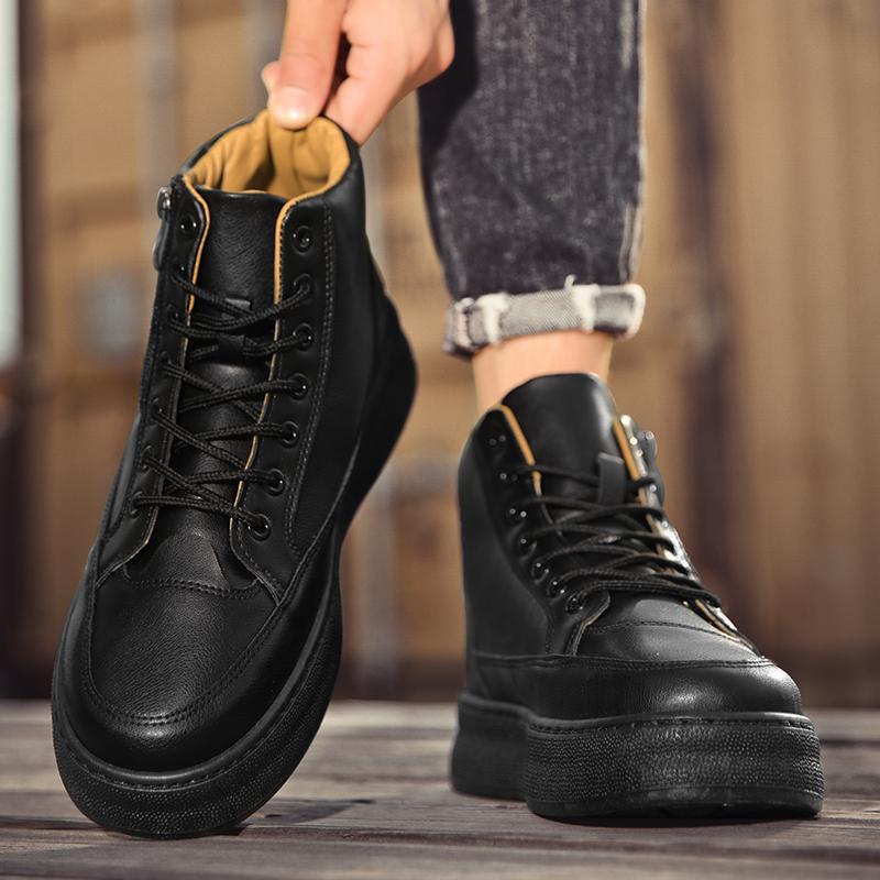 Fashion Leather Boots Man Autumn Biker Boot Explosive Style British Simple Platform Lace-up Zipper Water Proof Hard-wearing Men's Shoes