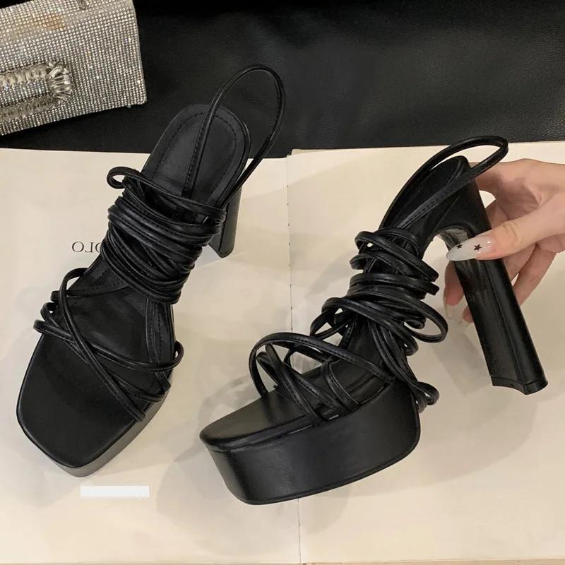 Eilyken Summer Fashion Narrow Band Ankle Lace-up Square Toe Sandals Women Platform High Heels Party Shoes
