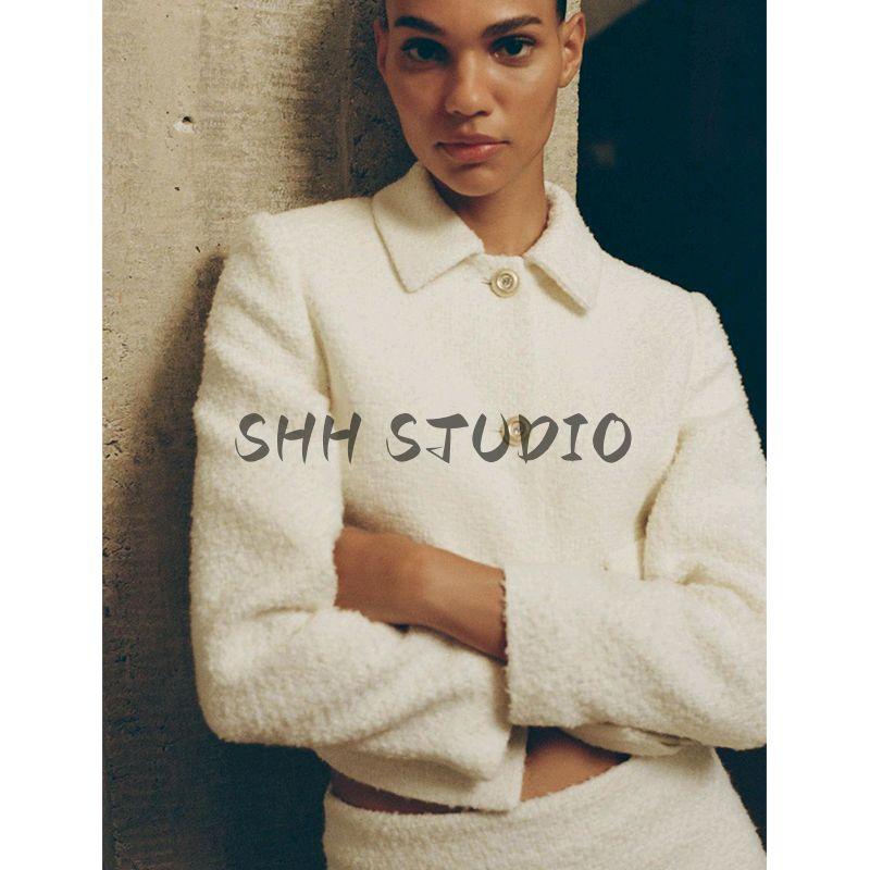 Spring New Women clothes Graceful Bead Leather Woolen Simple Modern Fashion Lapel Short coat 2133104