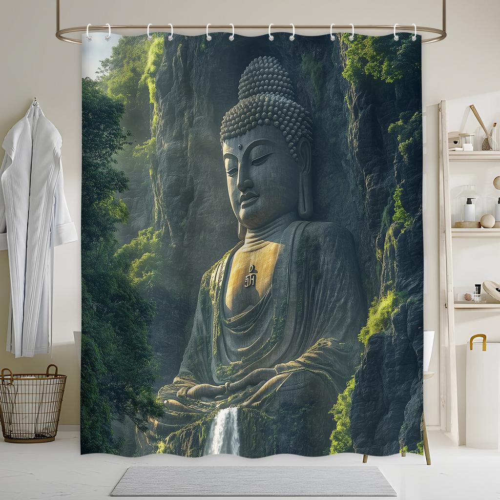 Tranquil Buddha Shower Curtain - Majestic Statue At Mount Emei, Polyester, Woven, Serene Scene With Trees & Waterfall