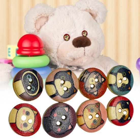 100Pcs Cartoon Kitty Print Wood Buttons DIY Sewing Shirt Scrapbook Bags Decor