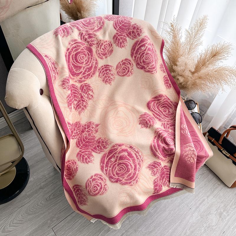 Rose Thickened Imitation Cashmere Scarf Women'S Warm Air Conditioner Shawl Outer Scarf Dual-Purpose