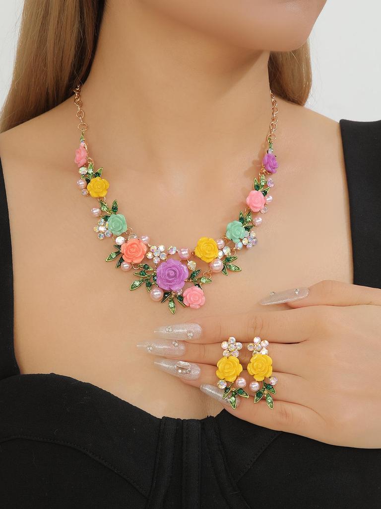 Conjunto de Collar y Pendientes Kaiyi Fashion Fresco de Esmalte con Diamantes y Perlas de Camelia