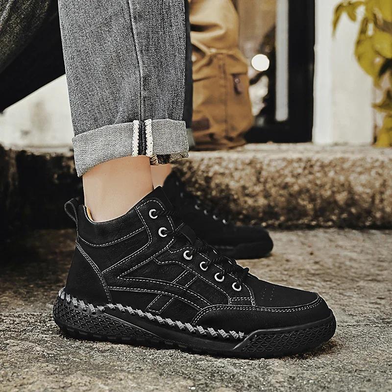 Fashion New 2024 Stylish Men Handmade Casual  Leather Basic Boots Outdoor Antiskid Flat Design Hiking Sneakers Comfy Lace-Up Ankle Boots