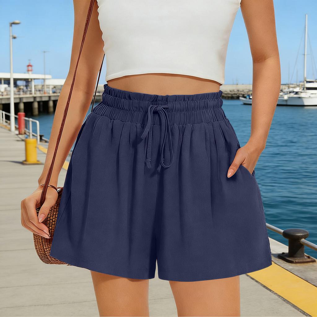 Modische Damen Farbe Elastischer Bund Tasche Lässig Locker Baumwolle Leinen Shorts