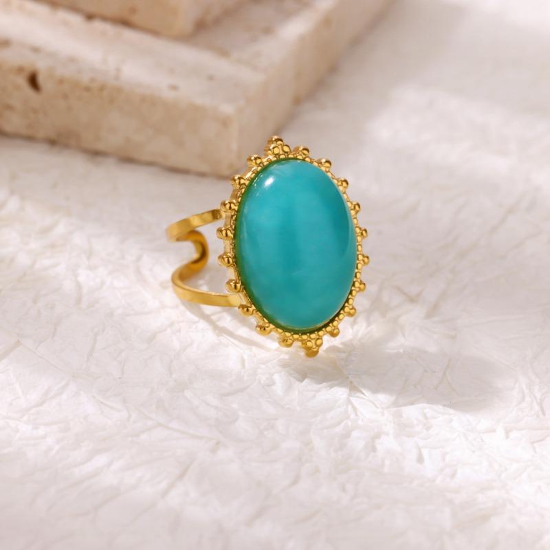 Gold Plated Stainless Steel Stone Ring Vintage Women's Blue Personality Open Ring New