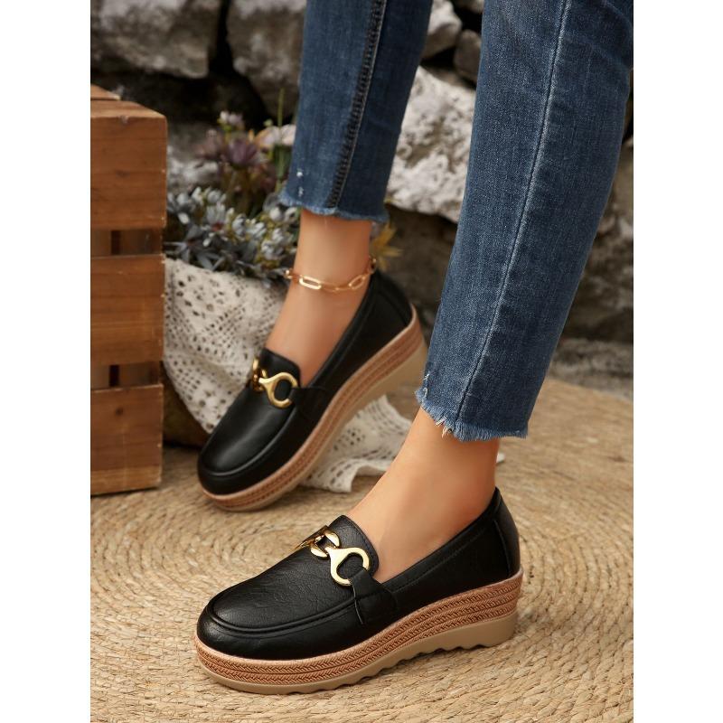 Plus Size Metal Chain Wedge Shoes Women's New Platform Muffin Loafers for Fall 2025