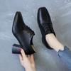 Fashion Leather Soft Leather High Heels Women's Single Shoes British Style Retro Deep Cut Square Toe Lace Up  2024