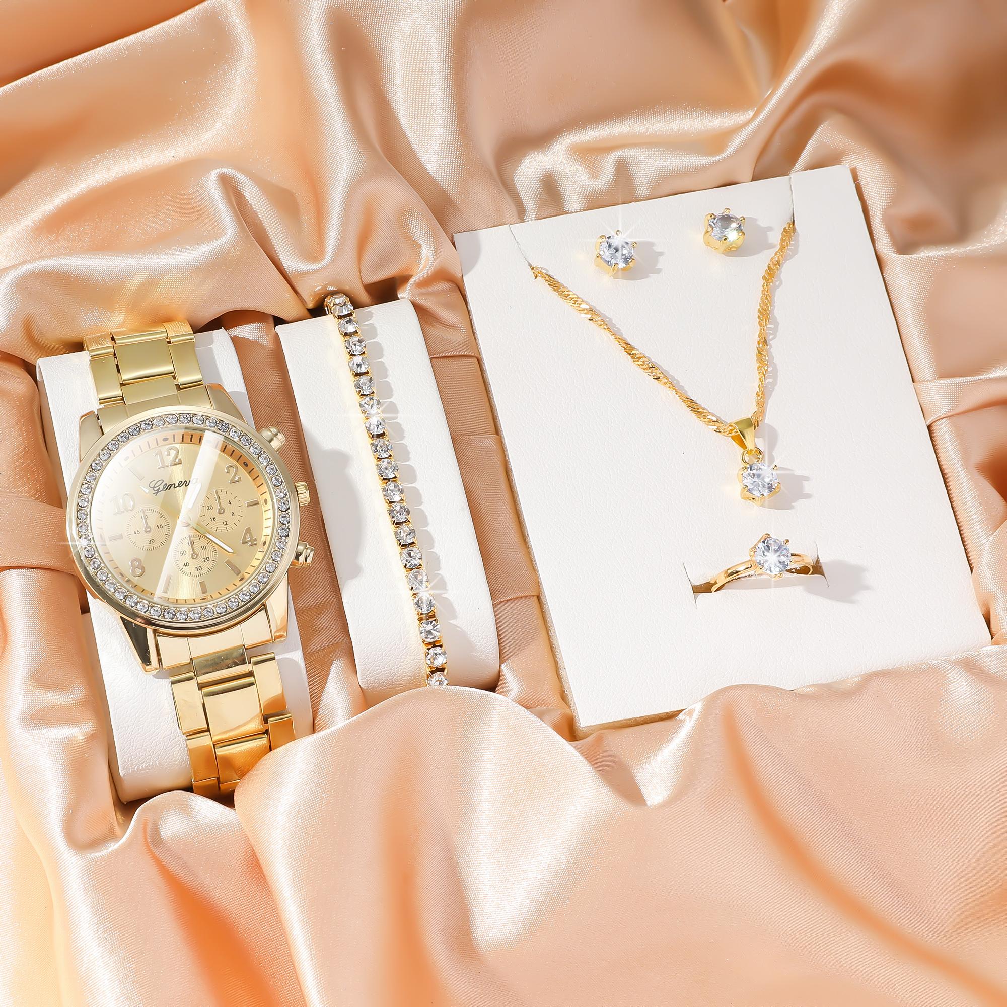 

Набор модных женских часов без подарочной коробки с элегантными кварцевыми часами и набором из 5 бриллиантовых украшений золотой