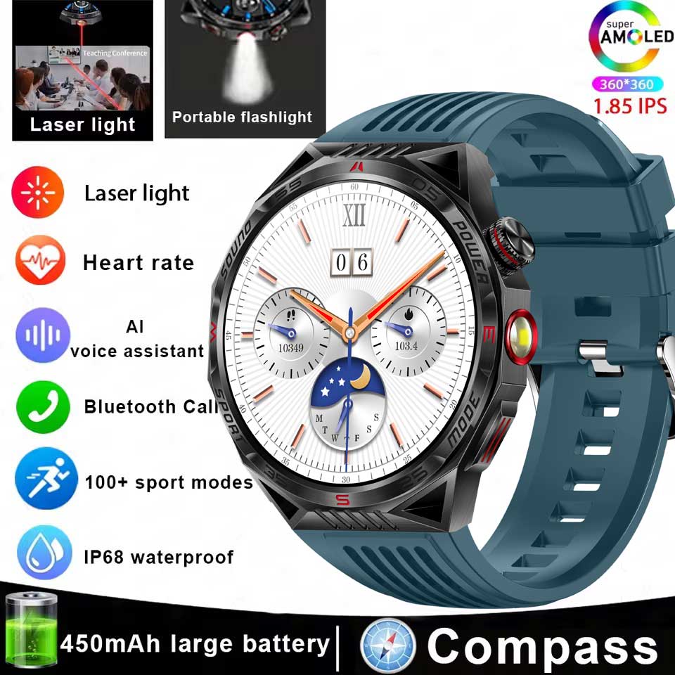 Outdoor Sport Compass Smartwatch Men Flashlight Laser Light 450mAh Battery GPS Sport Track Waterproof Bluetooth Call Smart Watch