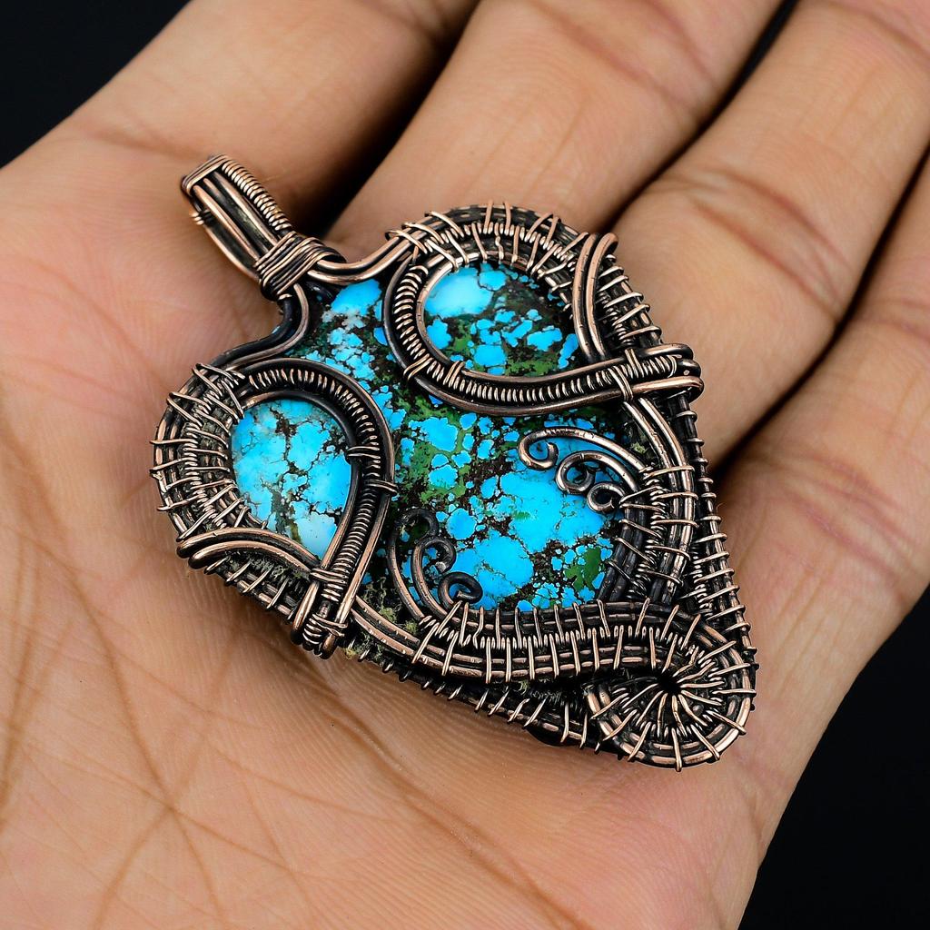 Wisiorek z turkusu tybetańskiego, biżuteria z kamieni szlachetnych owinięta drutem miedzianym próby 999, ręcznie robiony wisiorek, na Święto Dziękczynienia