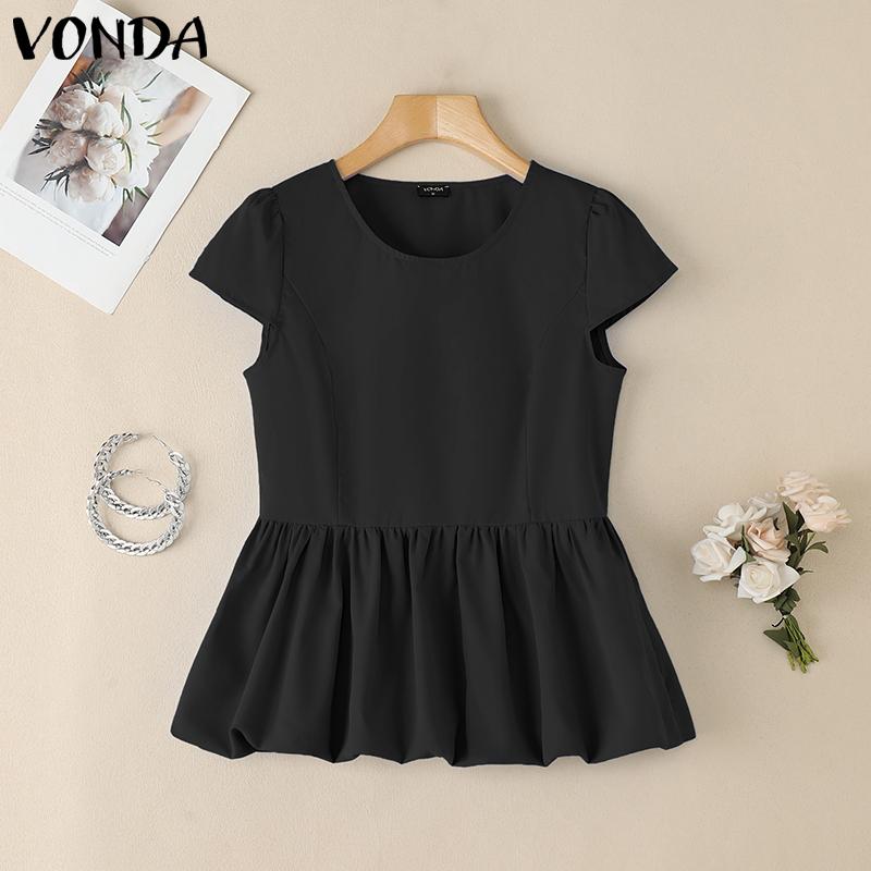 

VONDA Летняя женская блузка с коротким рукавом и круглым вырезом, однотонная, с оборками, повседневная 3XL чёрный