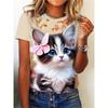 Camiseta feminina com estampa de gato engraçado, estampa 3D de animais fofos, manga curta, camisetas grandes de verão, gola redonda, camisetas streetwear