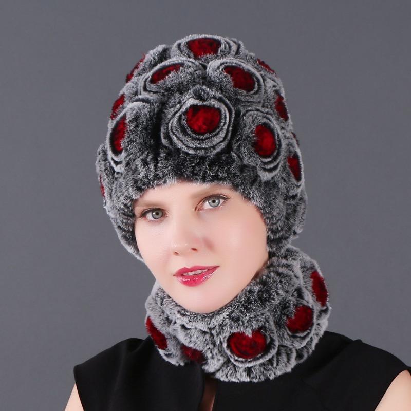 Rex Rabbit Rose Hat and Flower Scarf Set Specializing in the production of Rex Rabbit Scarf Hat Two-piece Adult Hat