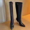 Genuine Leather Women's Knee High Boots Black Pointed Toe Thin Heel Zipper Chelsea Winter Shoes Ladies Footwear Large Size 43