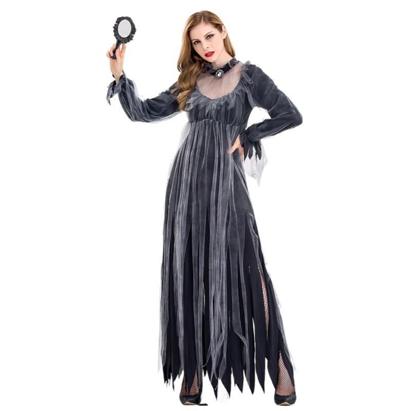 Halloween Costume Women Ghost Bride Witch Vampire Cosplay Dress With Necklace Ribbons