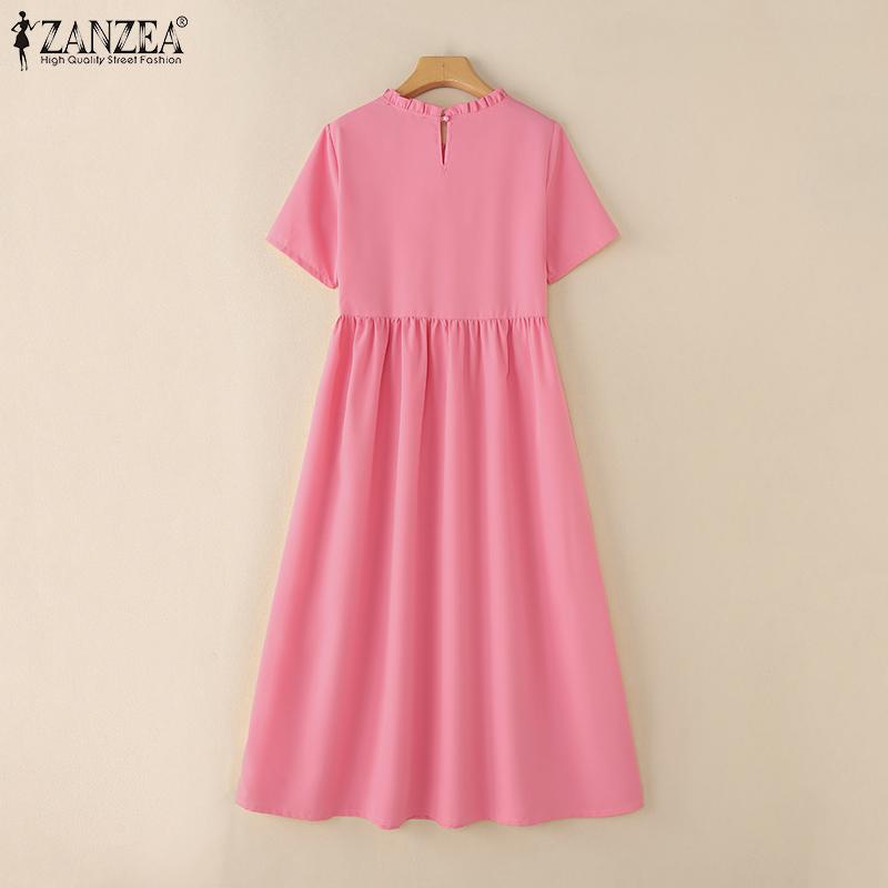 ZANZEA Women Casual Round Neck Solid Color Summer Short Sleeve Dress