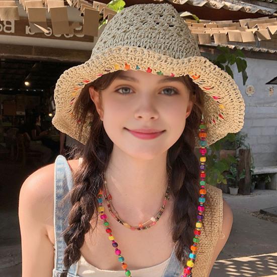 Summer Fisherman Hat, Hollow Straw Weaving Large Brim Beach Hat, Foldable Portable Rainbow Color Basin Hat