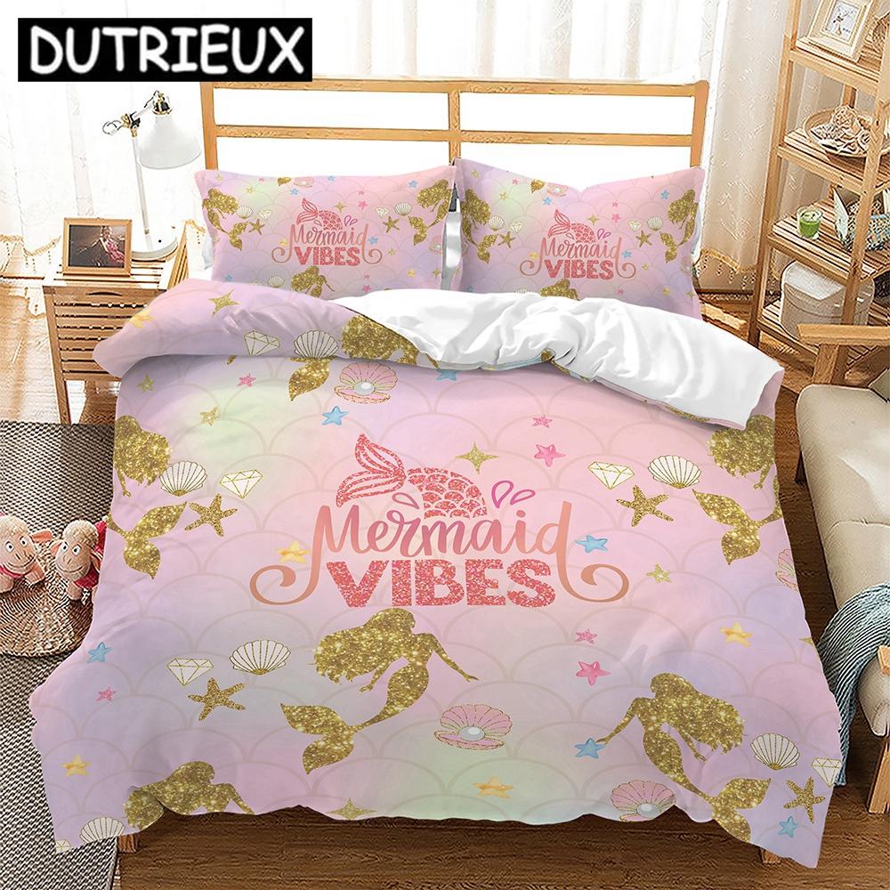 Single/Twin/Double/Queen/King Size 3D Mermaid - Themed Bedding Set with Duvet Cover and Pillowcases for Girl Kids