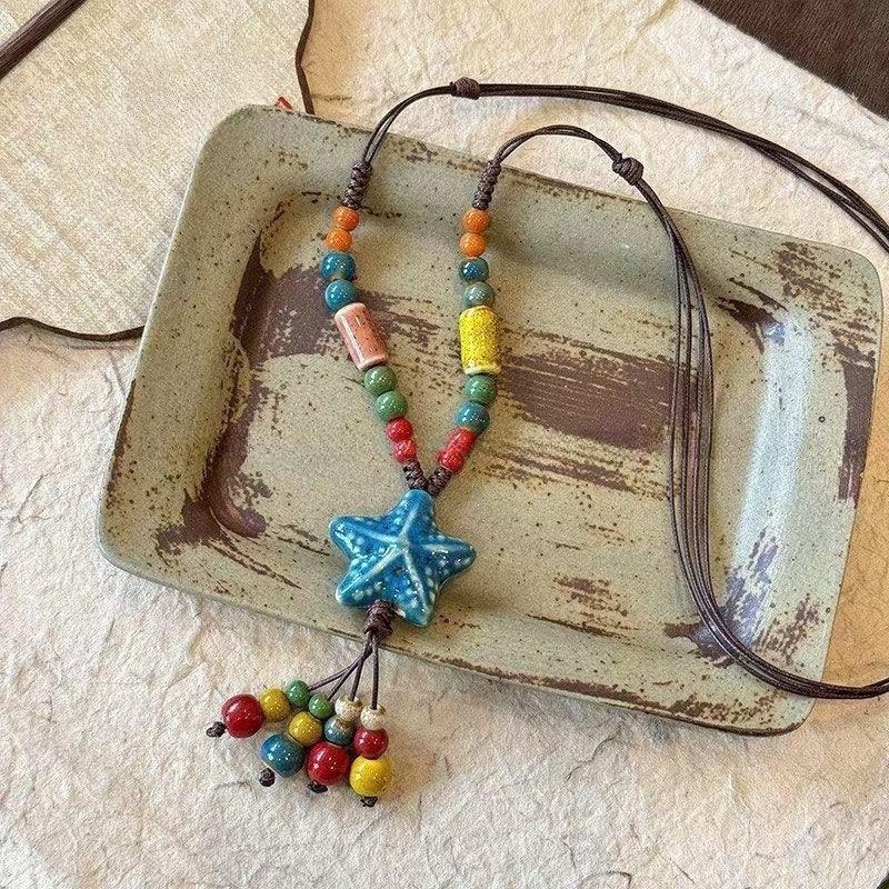1PC Ethnic Style Star Ceramic Necklace Sweater Chain Retro Cotton and Linen Clothes Accessories Bohemian Style Travel Vacation Accessories