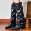 Fashion Fashion Pointed Toe Mid Heels Women's Long Boots 2025 Designer Elegant Winter Shoes Dress Pumps New Leather Knee Botas De Mujer