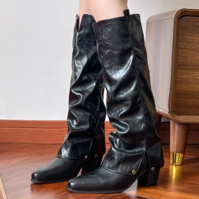 Fashion Fashion Pointed Toe Mid Heels Women's Long Boots 2025 Designer Elegant Winter Shoes Dress Pumps New Leather Knee Botas De Mujer