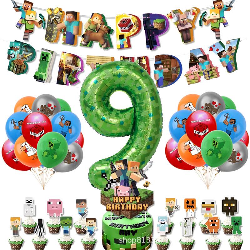Minecraft-Themed Aluminum Foil Balloon Set: Kid's Birthday Decor with Pull Flags & Number Combination
