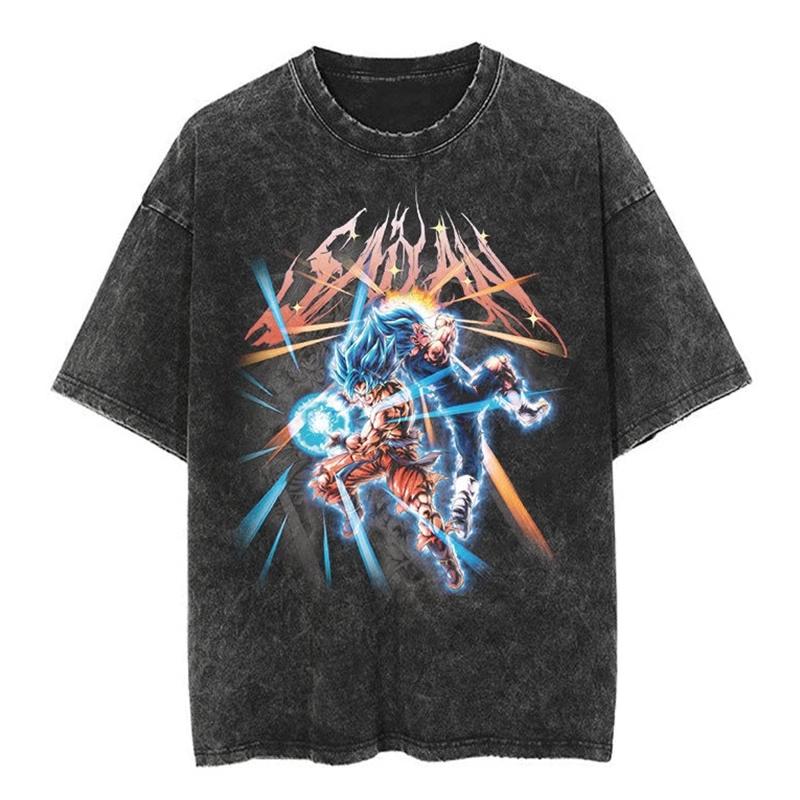 T-shirt a maniche corte lavata effetto invecchiato Giapponese Classico Dragon Ball Goku Cartone Animato Anime Oversize High Street Vintage Uomo e Donna