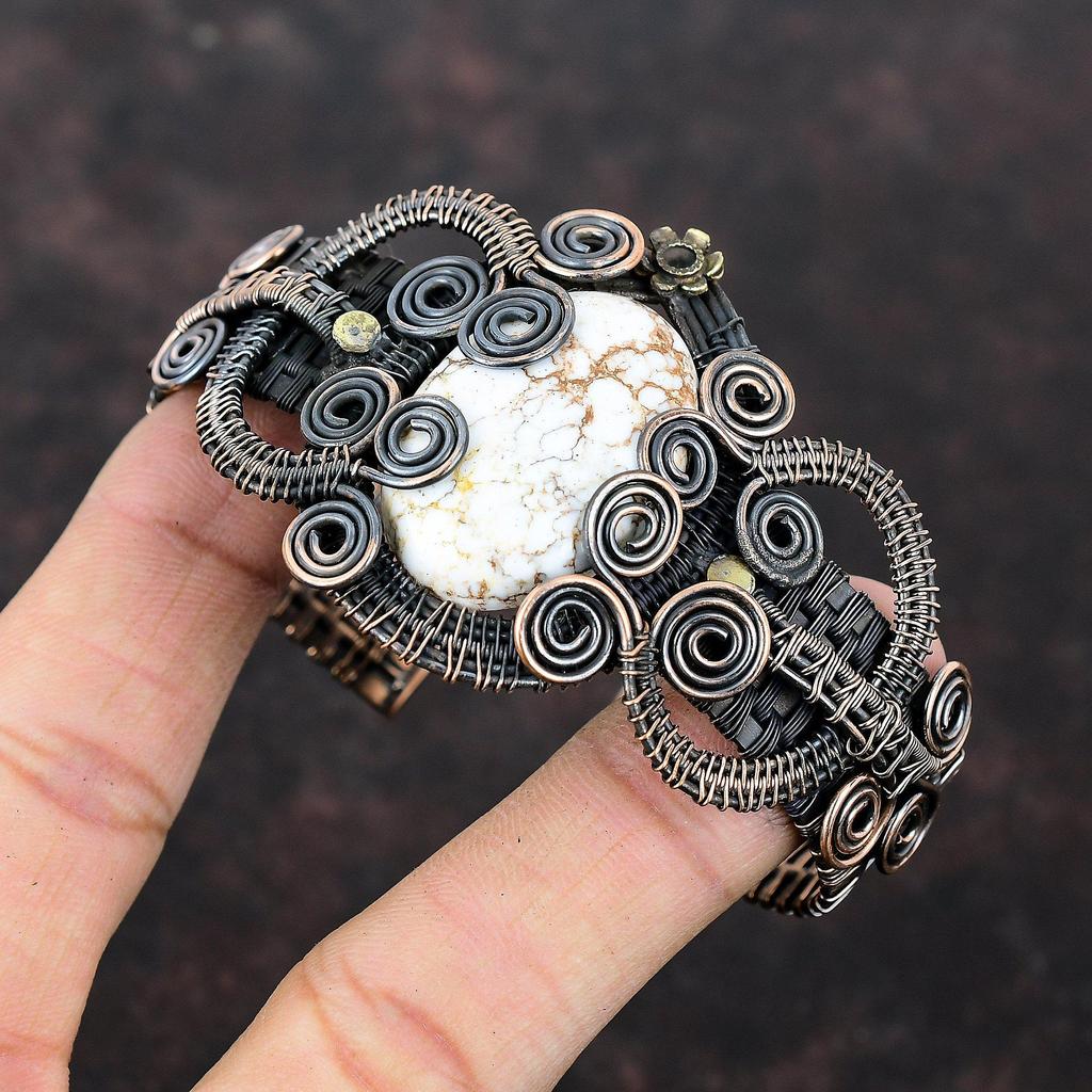 Wild Horse Magnesite Copper Bangle Copper Wire Wrapped Cuff Bracelet Handmade Adjustable Bangle Copper Jewelry Gemstone Cuff Gift For Mother