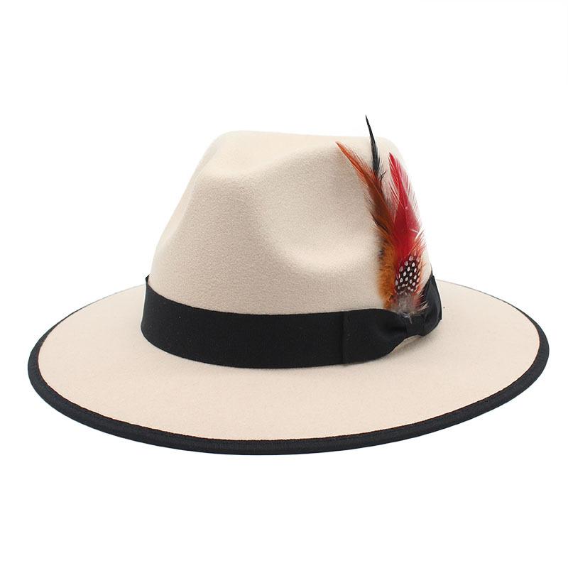Black Hemmed Woolen Top Hat Feather Jazz Hat