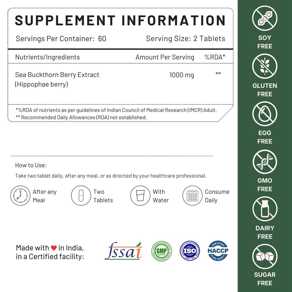Nutrabud Organics Kapsułki z Proszkiem z Jagód Rokitnika 1000mg - 60 Wegetariańskich Tabletek - Naturalne Źródło Witamin A, C, E, K, Omegi-3, 6, 7, 9 i Antyoksydantów dla