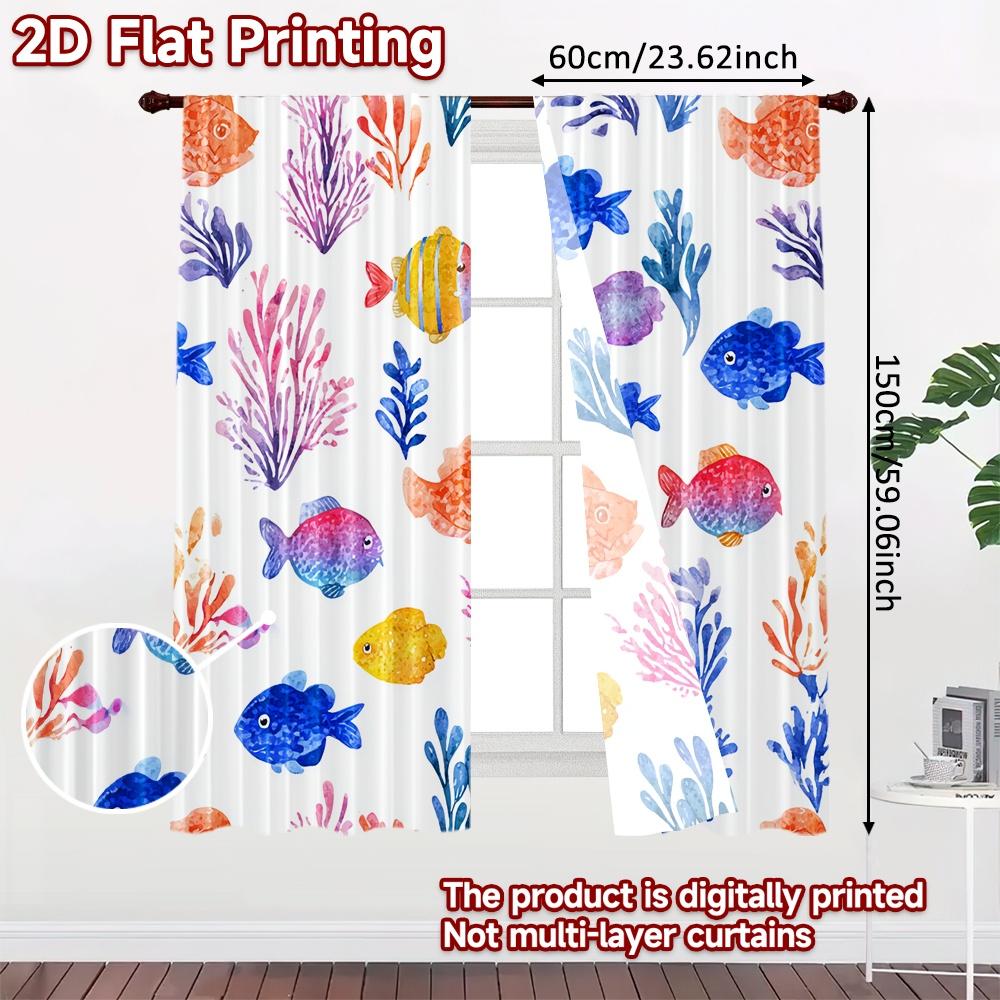 2pcs, 2D FLAT PRINTING Curtains (Without Rod) Ocean Fauna Christmas Festival Chic Print Curtains Yarn Curtains Room Decor
