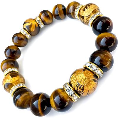 Natural Stone Power Stone Bracelet for Men Four Divine Beasts Power Stone Tiger Eye AAA12mm Four Divine Beasts Gold Engraving Tiger Eye 14mm Luck with