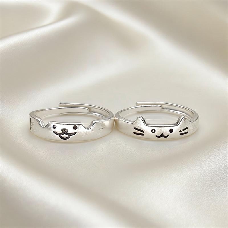 Sterling Silver Cat & Dog Couple Rings: Engravable, Light Luxury Design