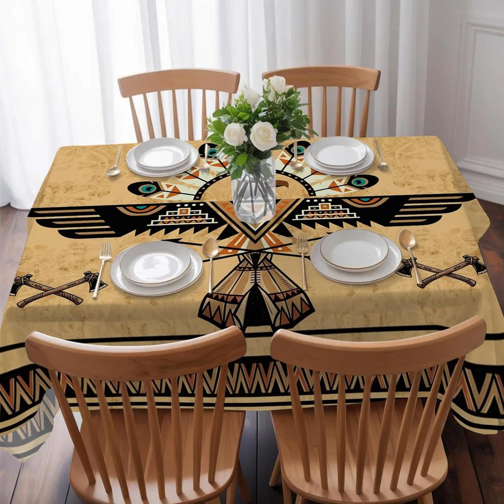 Ethnic Tribal Eagle Icon Geometric Rectangle Tablecloth for Table Decor Reusable Kitchen Dining Tablecloth Holiday Party Decor