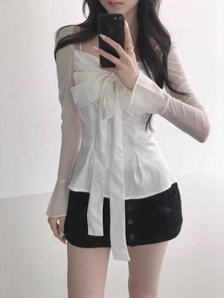 Spring 2026 Women's Slim French Bow Satin Bandeau Chiffon Shirt