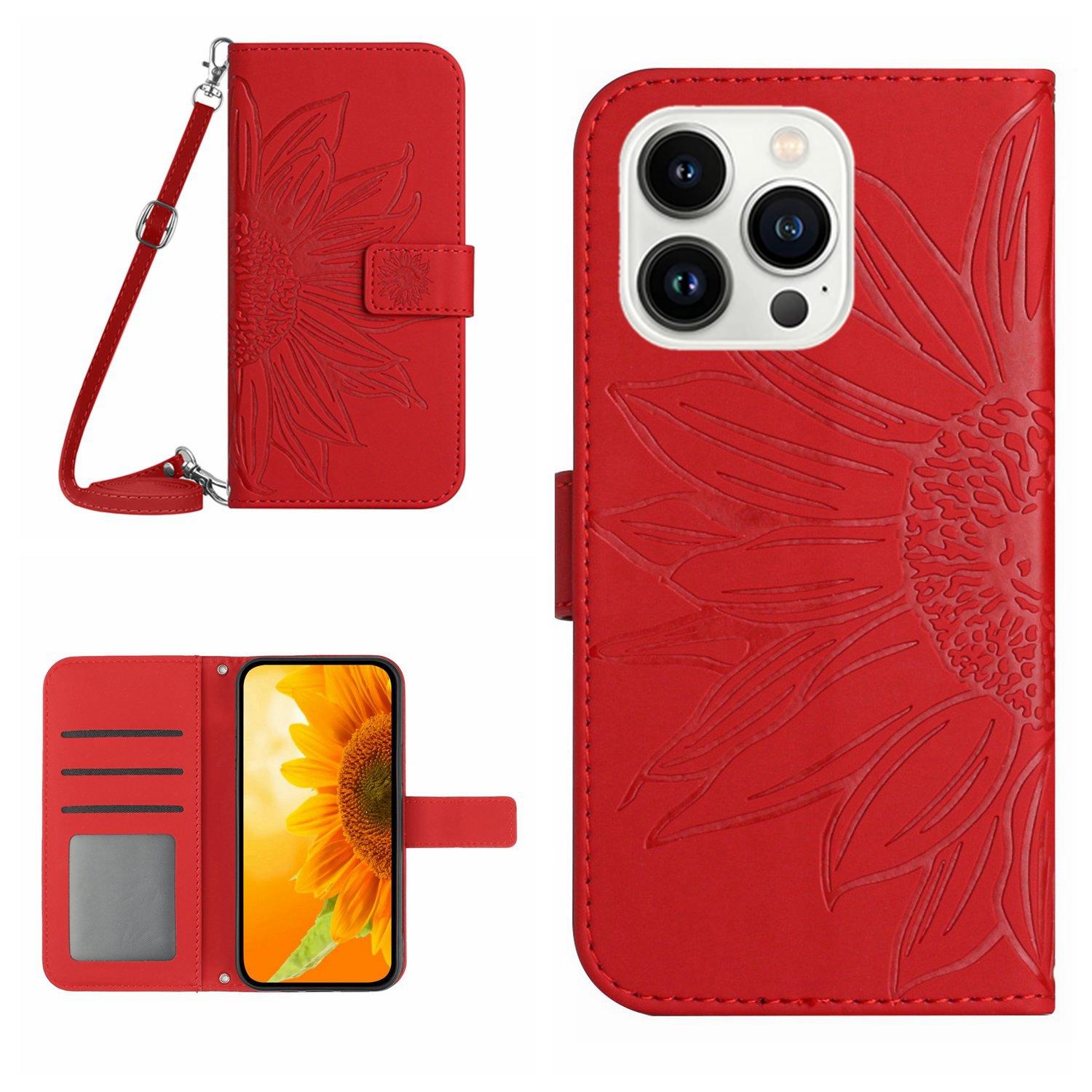 

HT04 For iPhone 16 Pro Max Leather Case Sunflower Phone Wallet Cover with Shoulder Strap Red