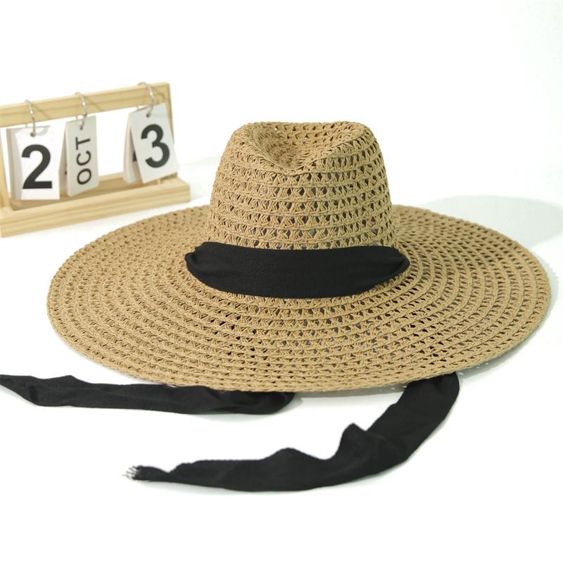 

202601-2508538 ins chic summer handmade hollow out paper grass wide brim fedoras cap men women leisure panama jazz hat head size 57cm