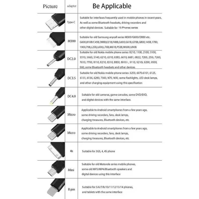 Universell ladekabel med flere pinner 10 i 1 Multifunksjonell USB-adapter Dataoverføringskabel for øretelefon, høyttaler, MP3-spiller