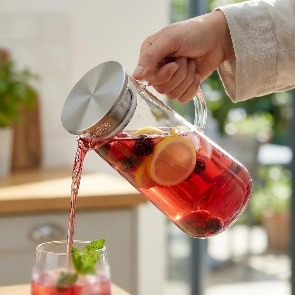 1.3L Glass Jug With Lid For Serving Tea, Water, Juice, Mulled Wine