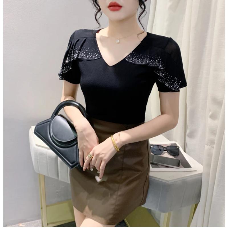 New Summer Streetwear Girl Chic Ruffled Hot Diamonds T-Shirt Fashion V-Neck Short Sleeve Mesh Tops Women's Tees Clothes Blouse