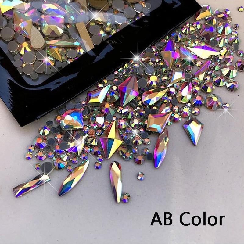 170Pcs Mixed Round Crystal Clear Nail Art Rhinestone Champagne AB Flatback Glitter Diamond Nail Charms Glass Gems Manicure Parts