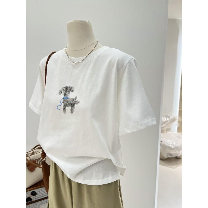 T-shirt a maniche corte da donna con stampa di cane a cartoni animati grigio, nuova per l'estate, stile coreano, ampia, versatile, top in puro cotone
