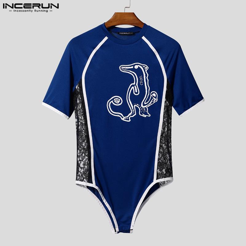 INCERUN Men's Short Sleeve Side Lace Patchwork Jumpsuits Fitted Playsuits Home Wear