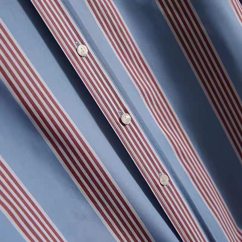 Fashion Contrasting Colors Striped Shirt Spring Autumn Korean Long Sleeve Female Clothing Single-breasted Polo-Neck Loose Blouse